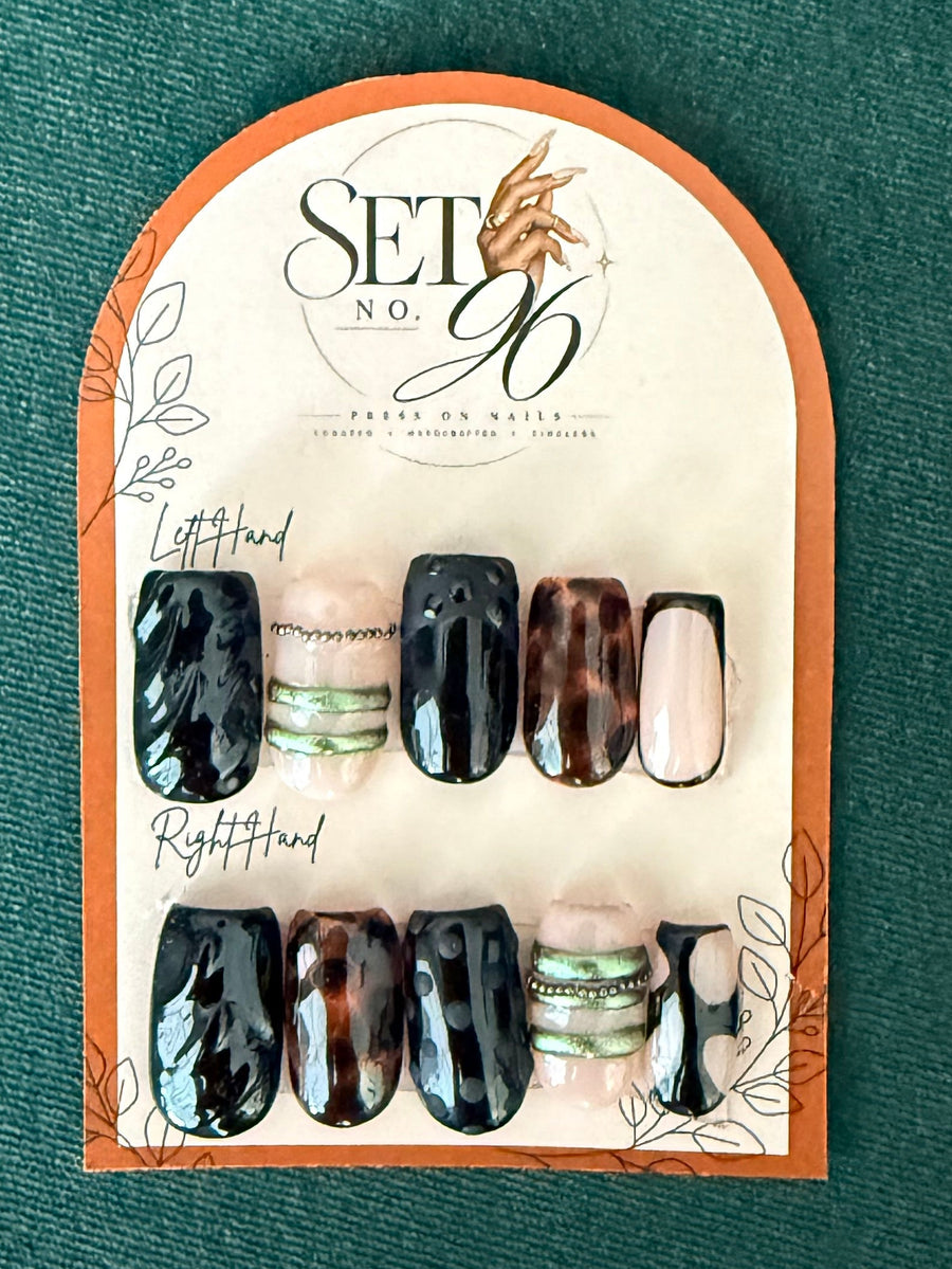 Black, Tortoise Shell, and Green Chrome Medium Square Nails