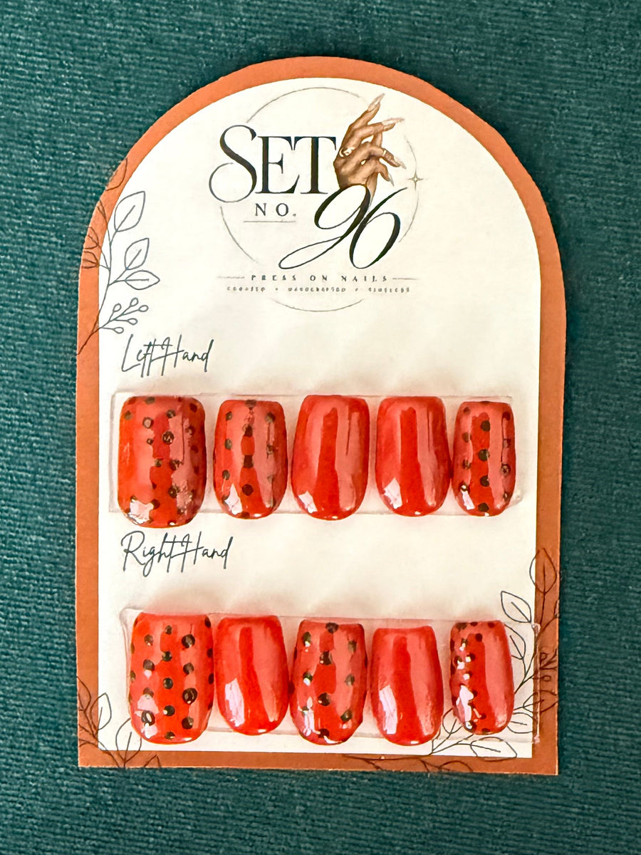 Terracotta, Green, and Brown Polka Dot Short Square Nails