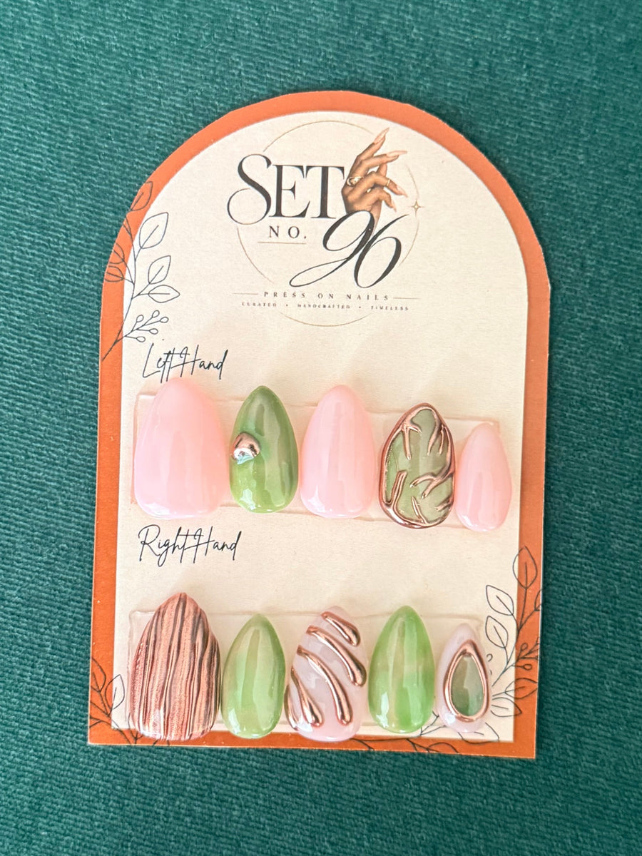 Pink and Green Short Almond Nails